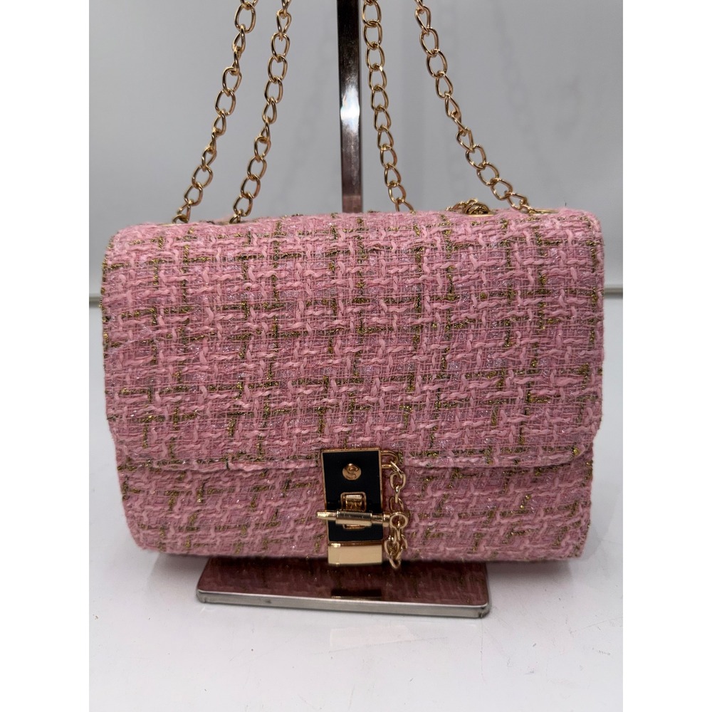 Pink Tweed Gold Metallic Chain Strap Fashion Shoulder Bag with Turn Lock Closure - Picture 2 of 9